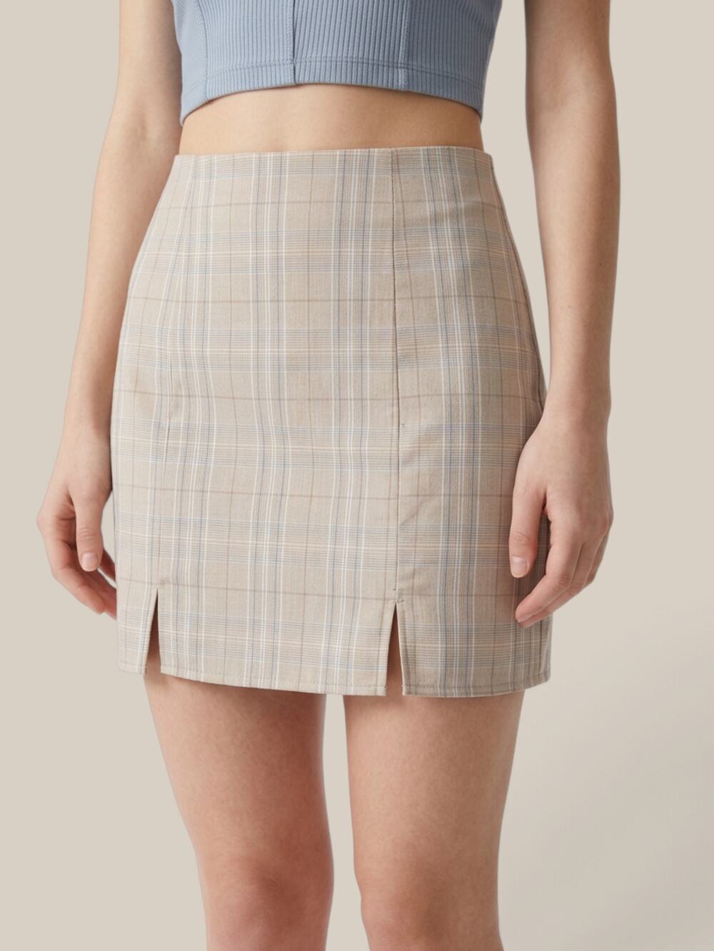 Altar'd State Teddi Glen Plaid Double Slit Mini Skirt Taupe Blue Preppy XS